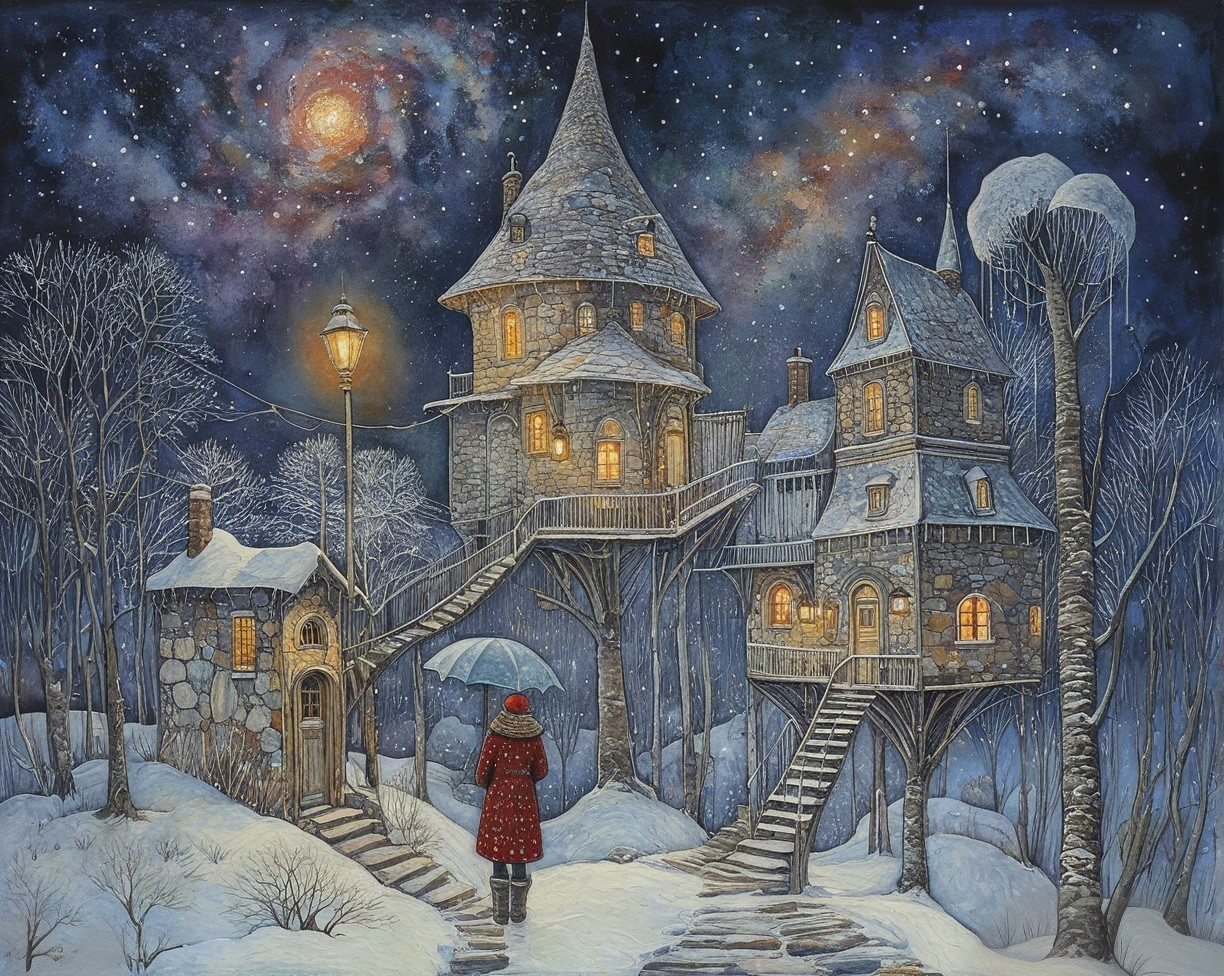 Winter Night Oil Painting of a Snow-Covered Village