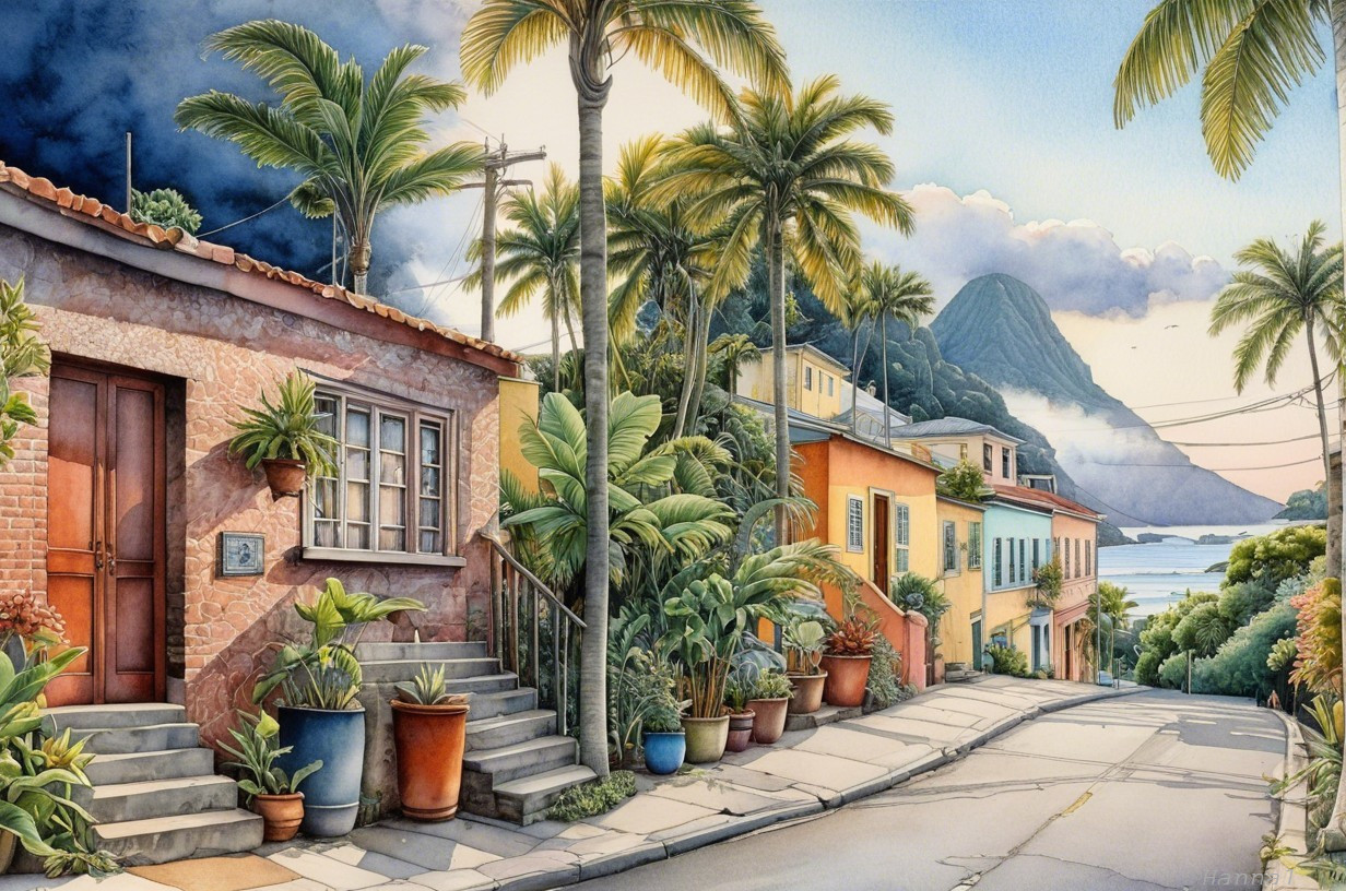 Vibrant Tropical Street Scene with Colorful Houses