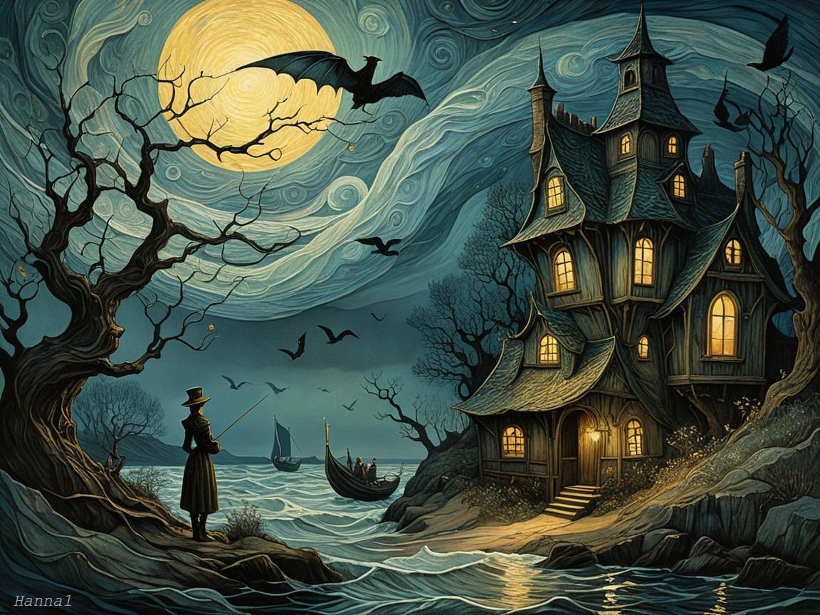 Gothic House Night Scene with Moon and Fishing Figure