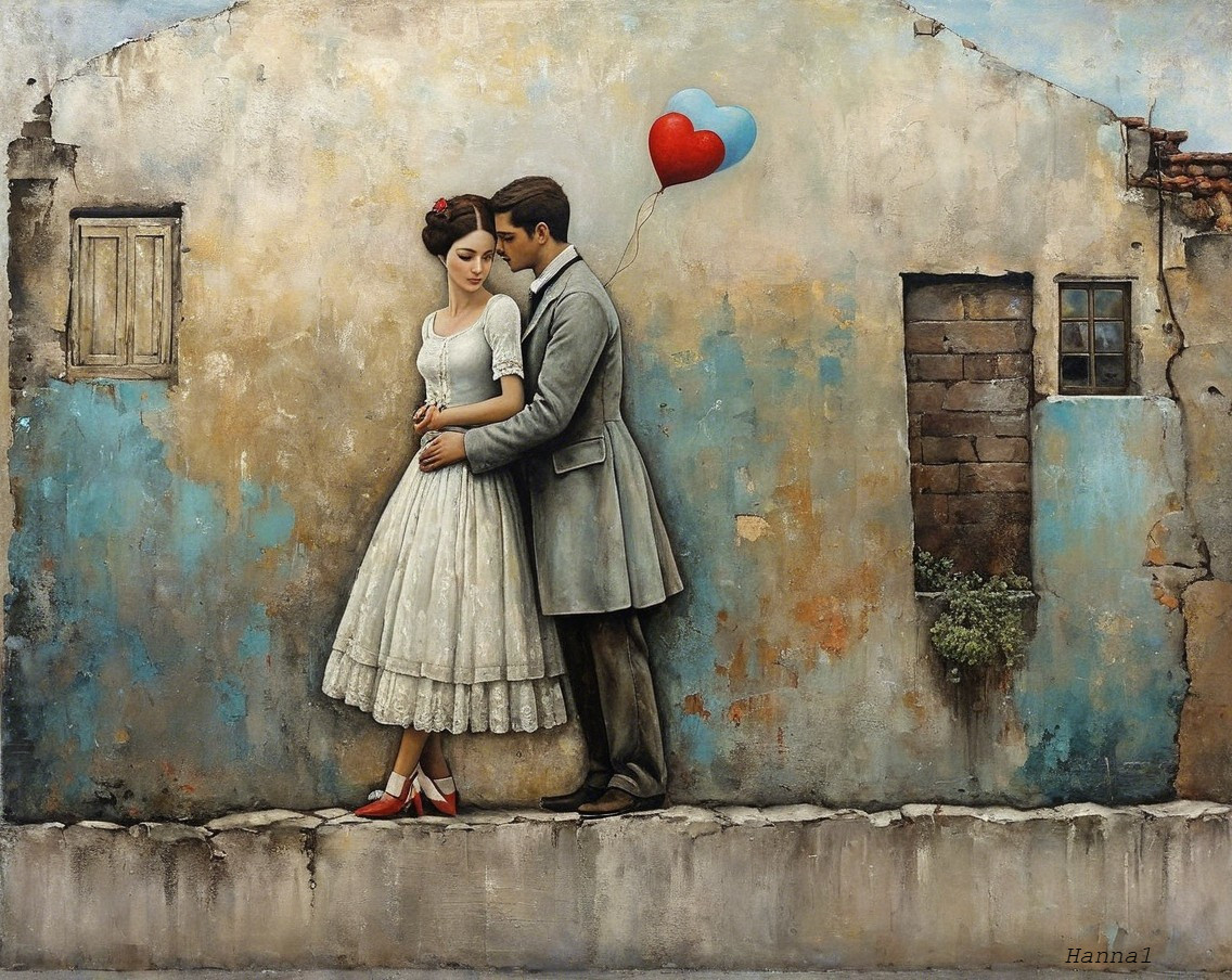 Couple Embracing by Weathered Wall with Balloon