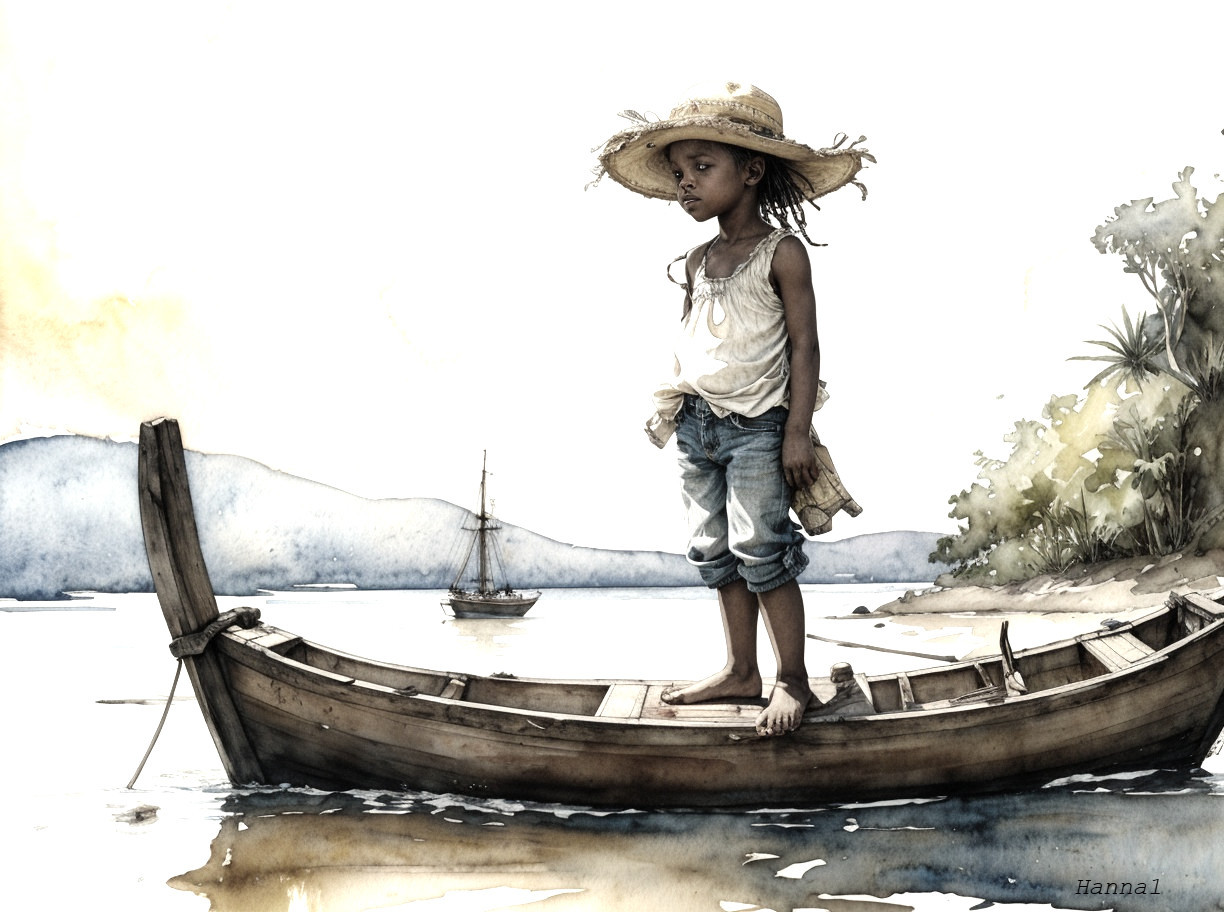 Young girl on a boat in a tranquil landscape scene