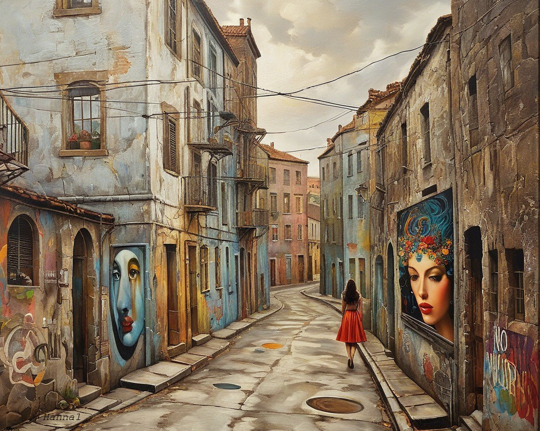 Woman in Red Dress on Artistic Winding Street