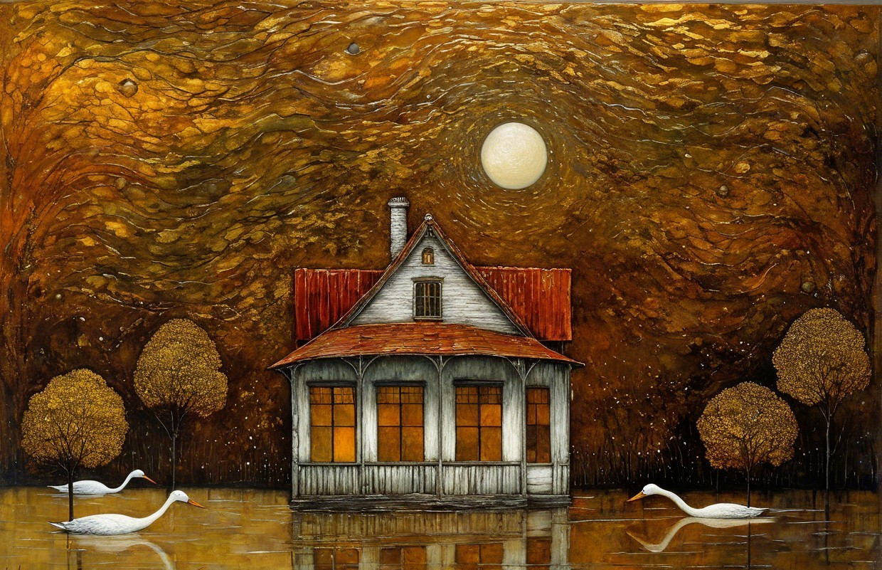 Serene landscape with house, swans, and moonlight