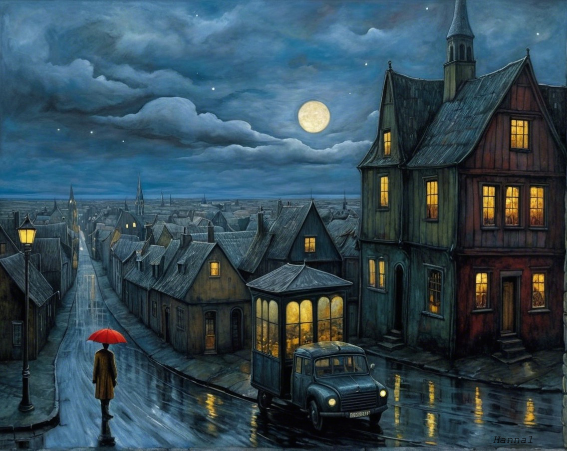 Moonlit street scene in a nostalgic town setting