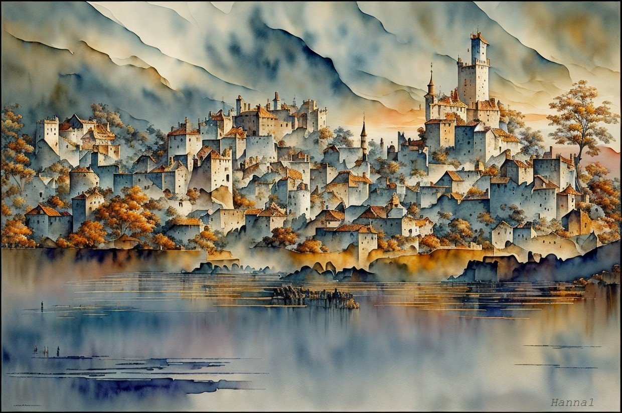 Watercolor Landscape of a Medieval Village in Hills