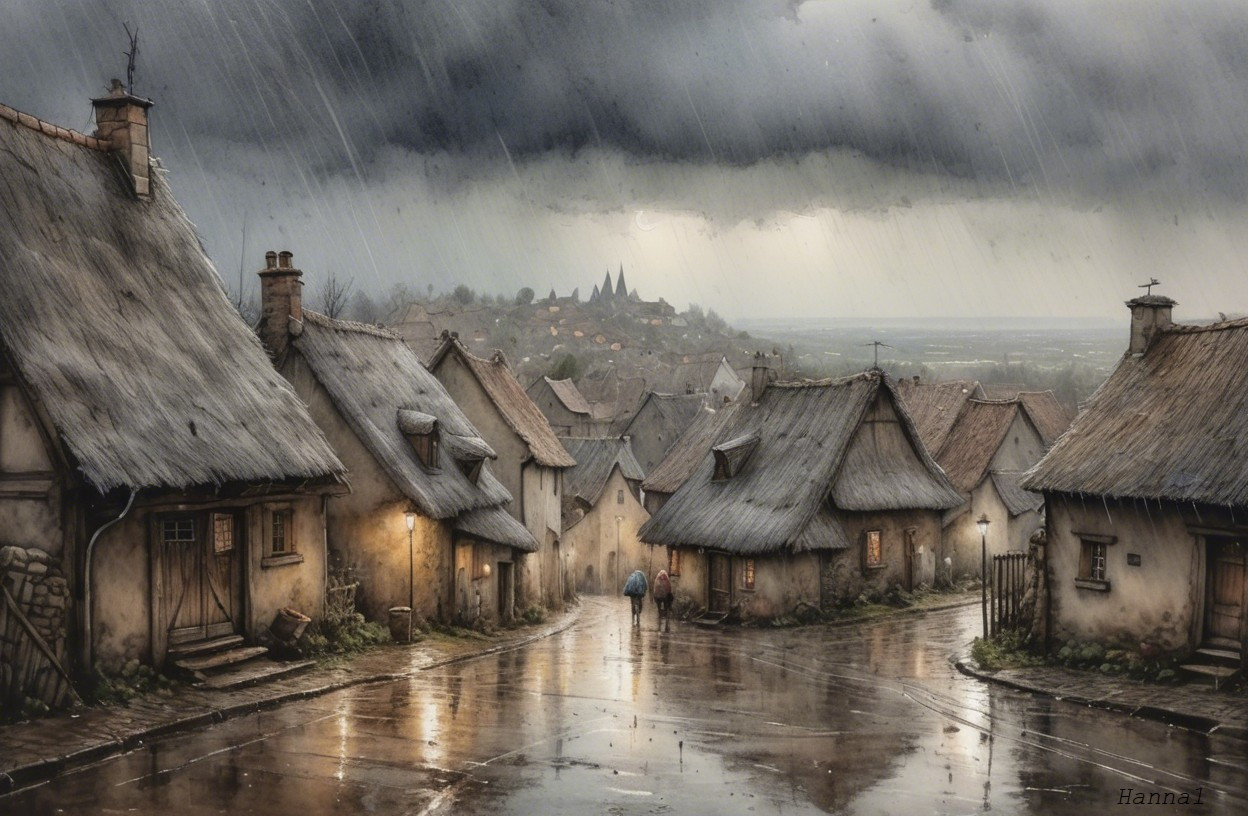 Medieval Village Scene with Cottages and Castle