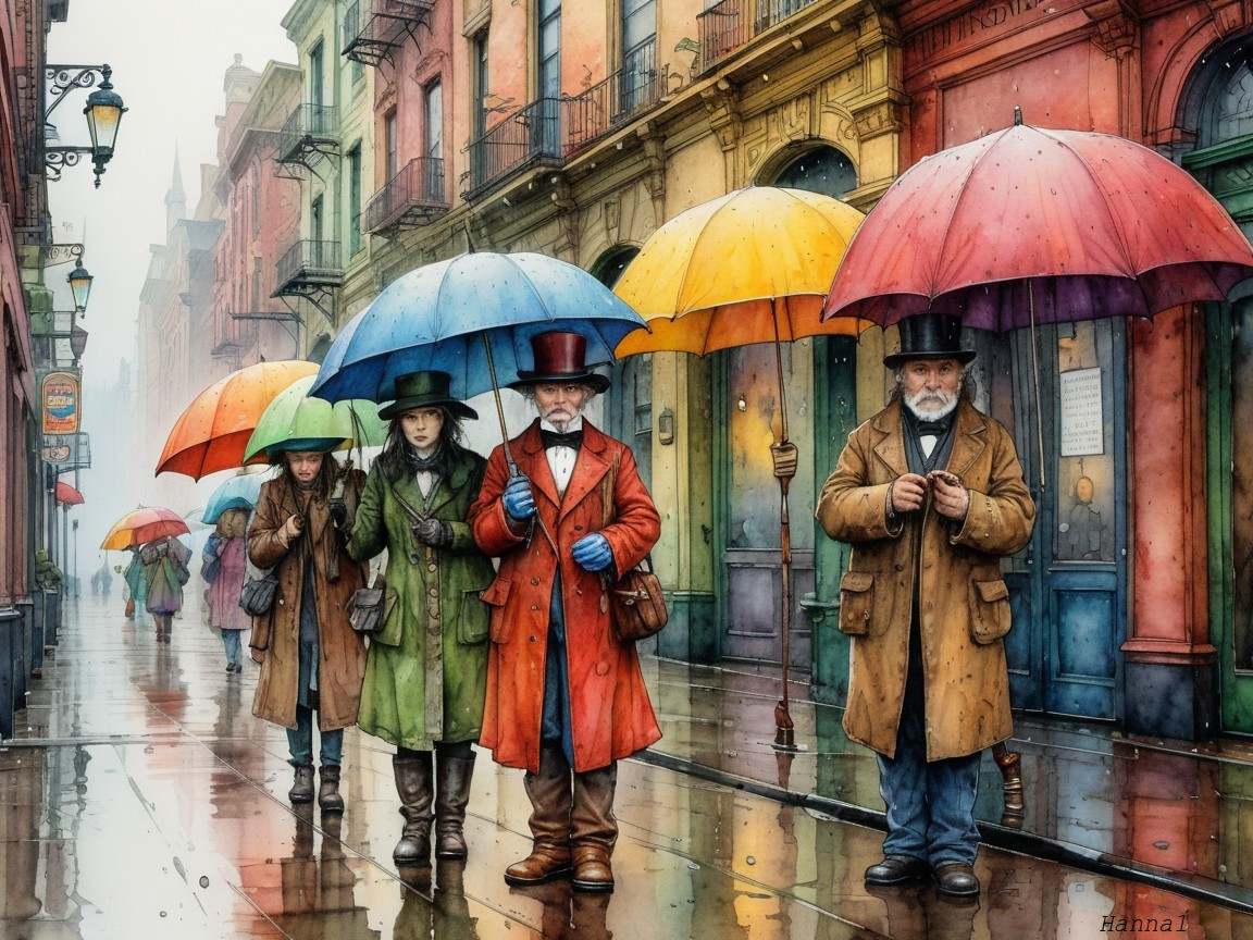 Colorful Street Scene with Umbrellas and Reflections