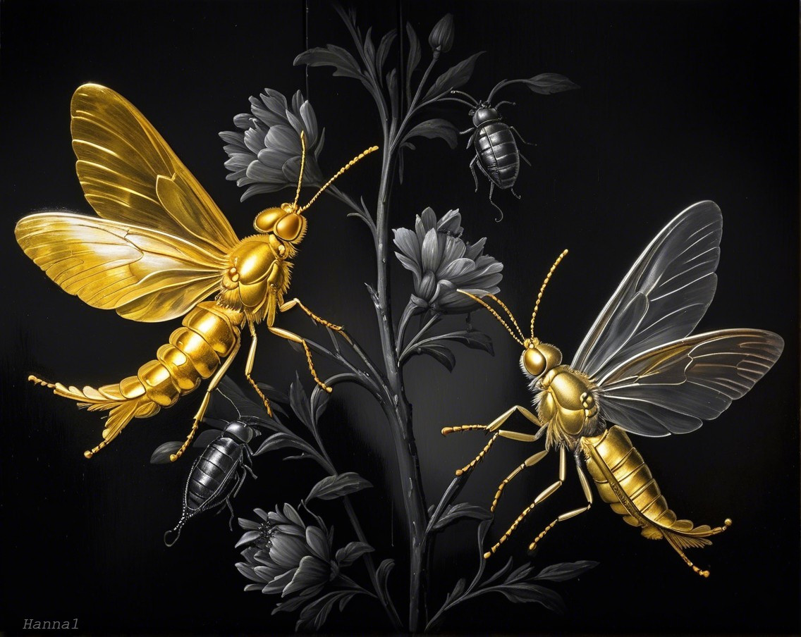 Golden Insects on Branch with Grey Flowers and Dark Background