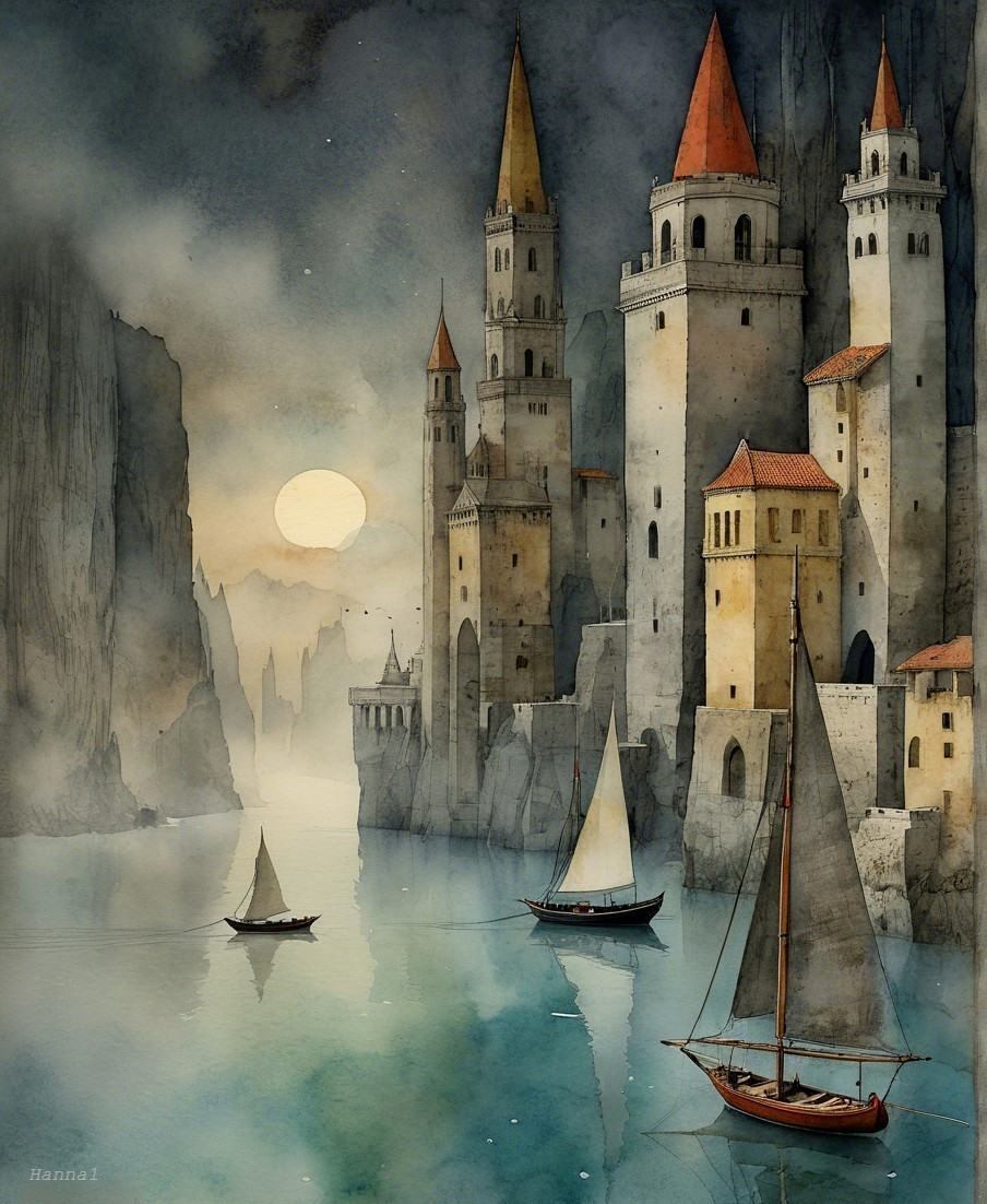 Tranquil Watercolor of Castle by River and Cliffs