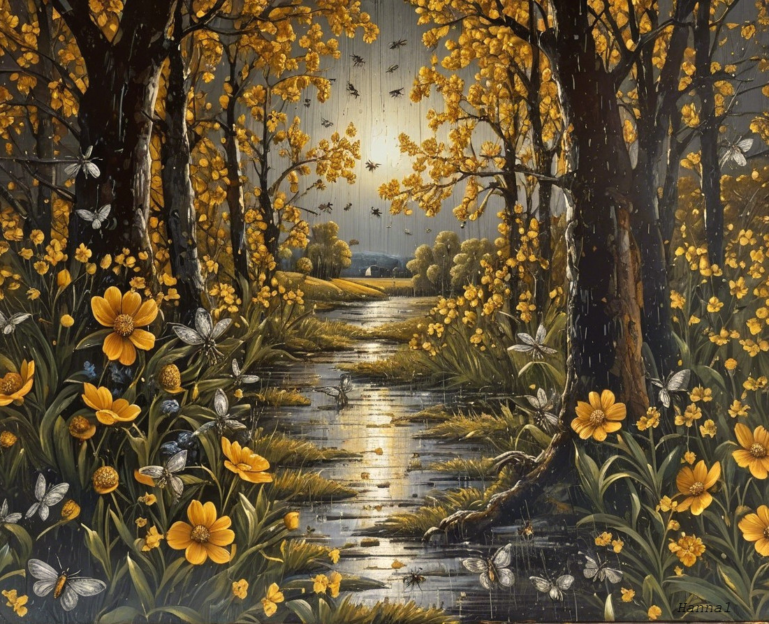 Tranquil Stream in Vibrant Flowering Forest Landscape
