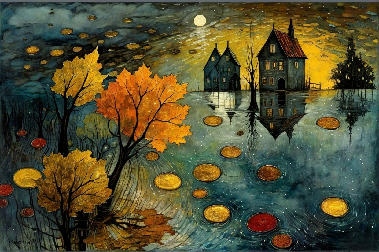 Autumn Landscape with Houses by a Serene Lake