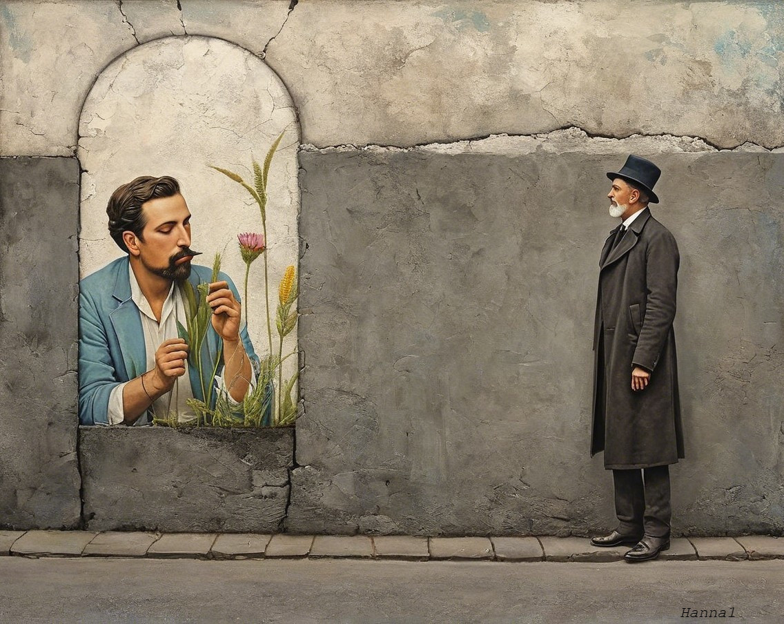 Surreal Scene of Man Before Mural of Flower Cultivation