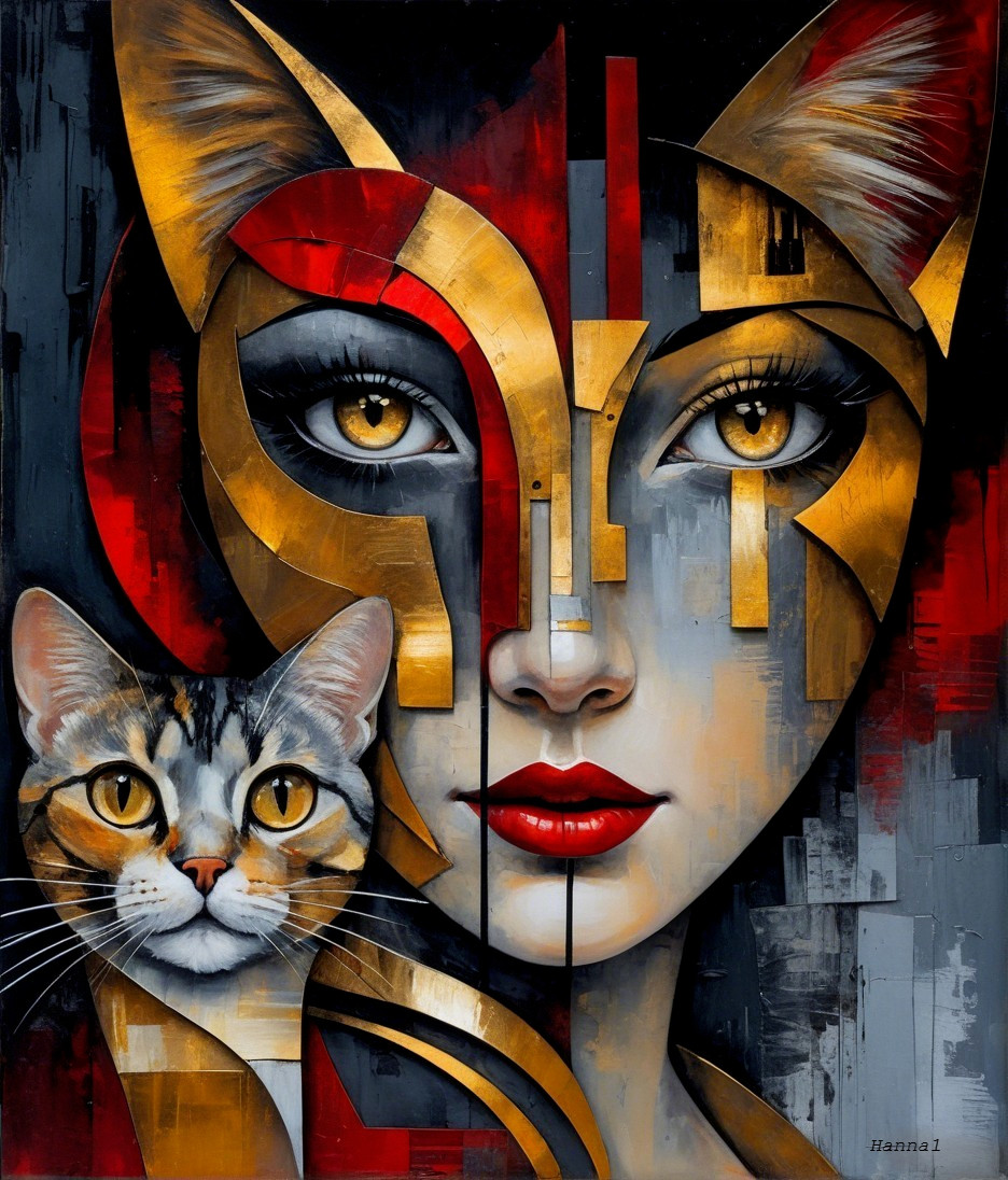 Fusion of Woman's Face and Cat with Geometric Shapes