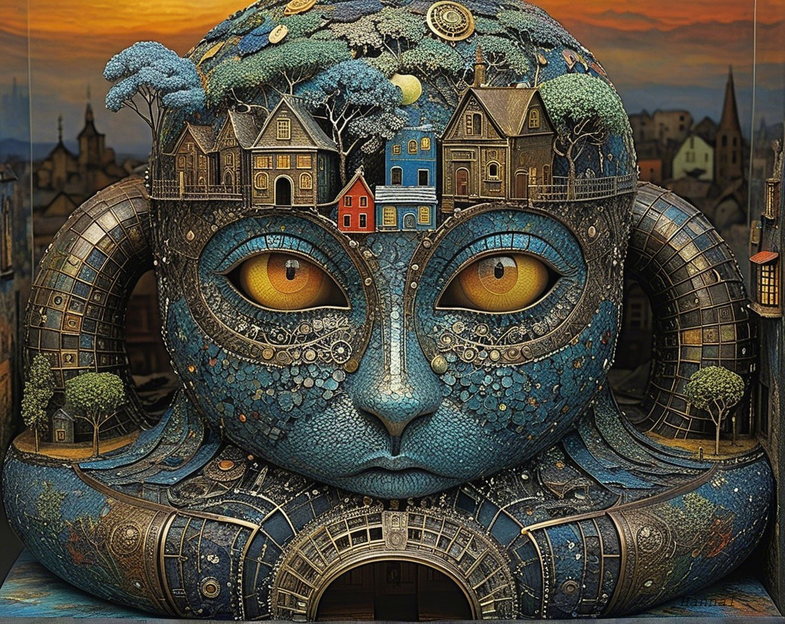 Surreal Face Design Blending Human and Architectural Elements