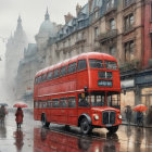 Red Double-Decker Bus on Rainy Cobblestone Street