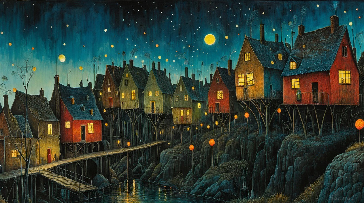 Whimsical Stilt Village Under a Starry Night Sky