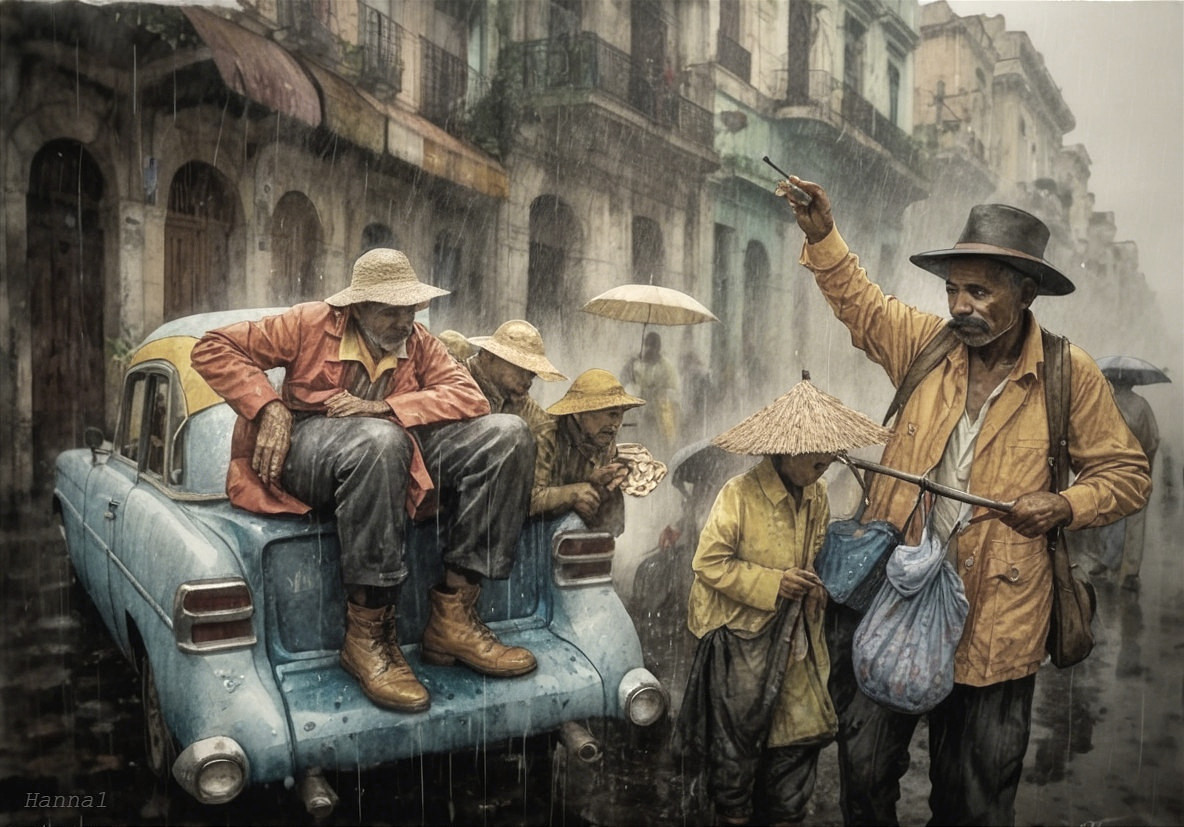 Havana Street Scene with Men and Old Blue Car