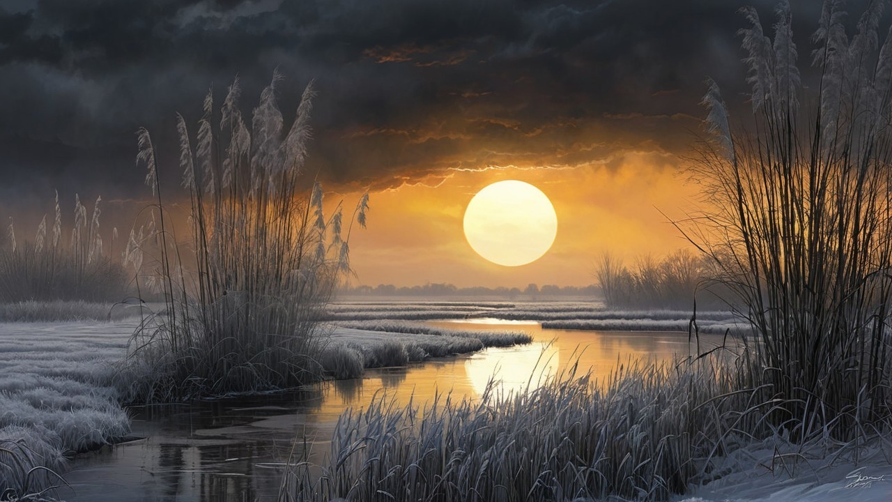 Serene Winter Landscape with Tranquil River at Dusk
