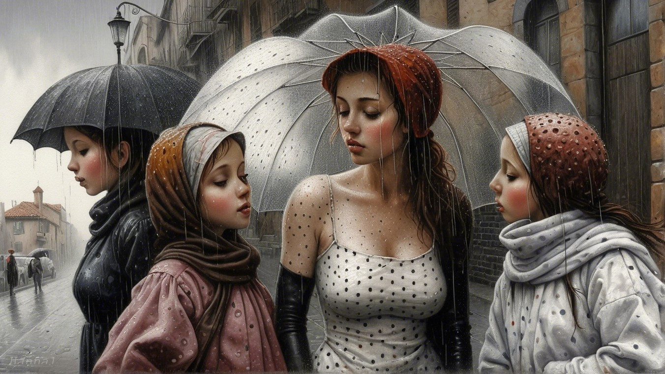 Young Women in Rainy Street Scene with Umbrellas
