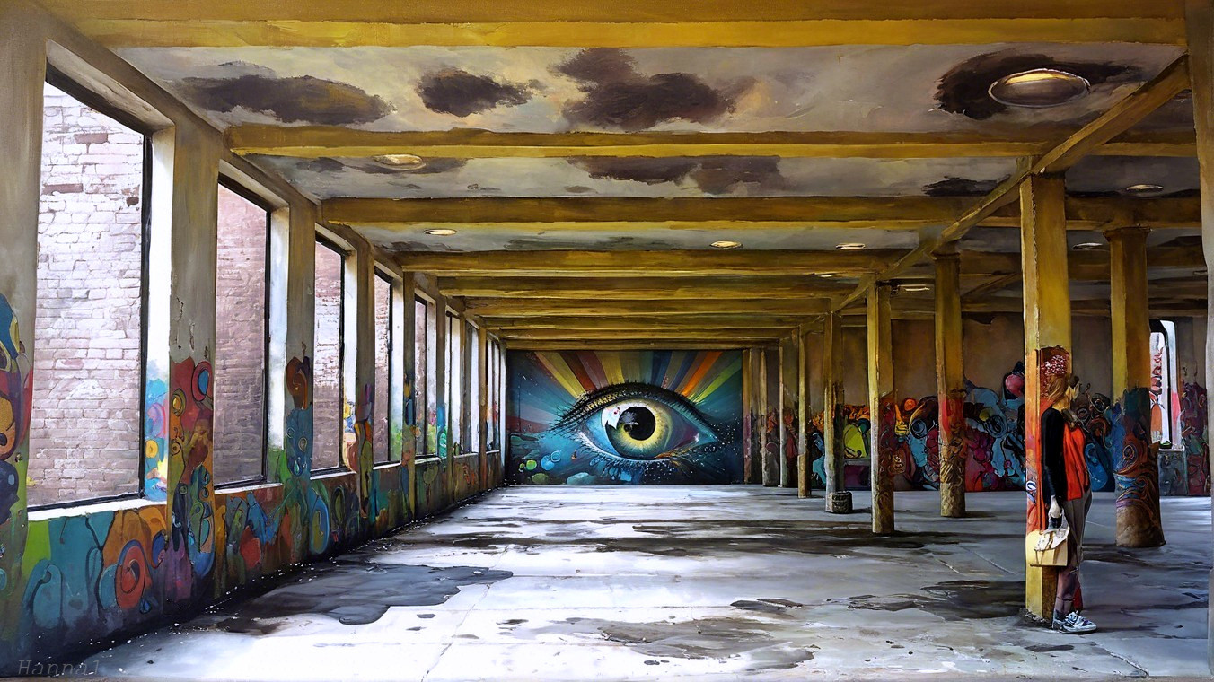Abandoned Interior with High Ceilings and Murals