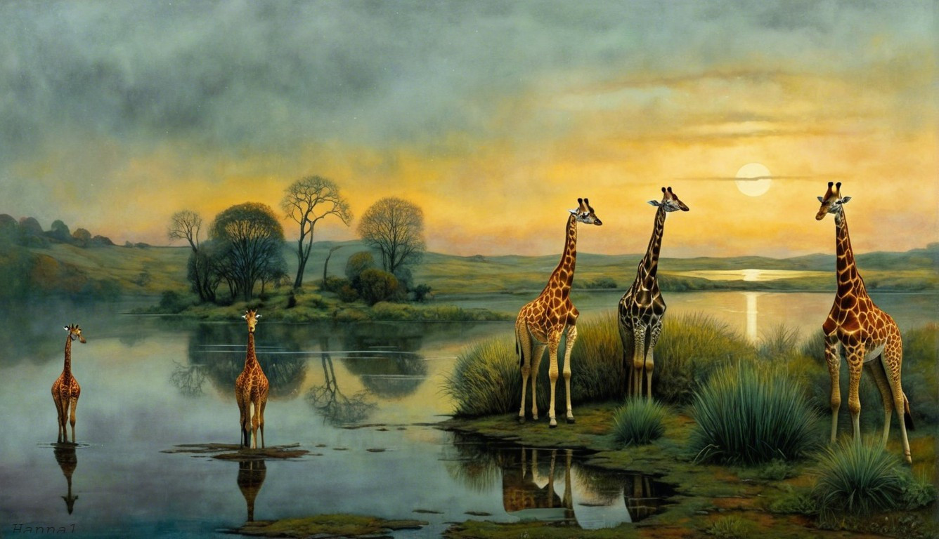 Tranquil Dusk Landscape with Giraffes by Water
