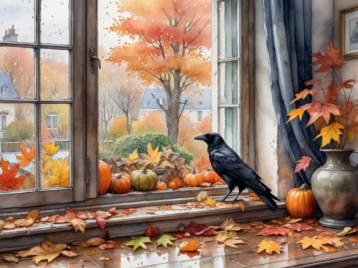 Cozy Interior with Raven and Autumn Scene Outside
