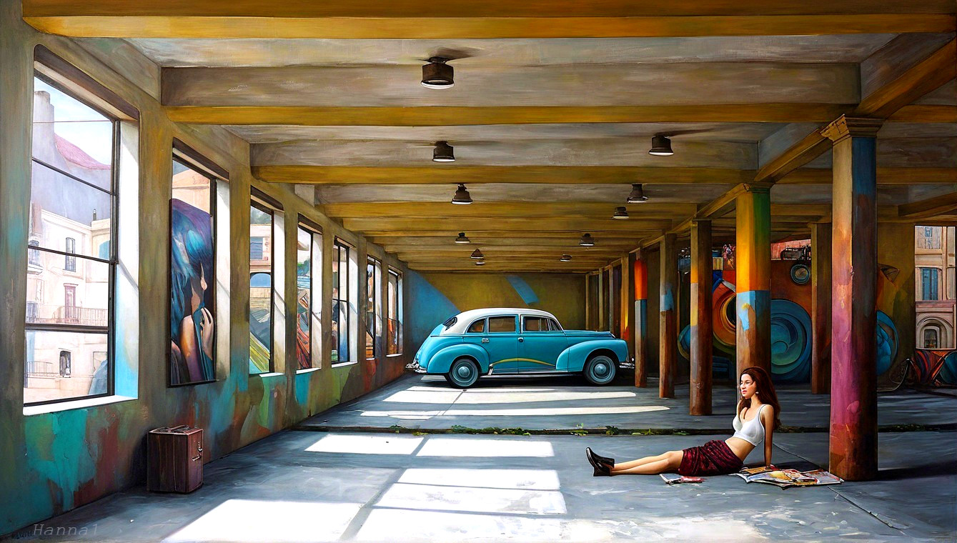Vibrant Art Studio with Colorful Murals and Vintage Car