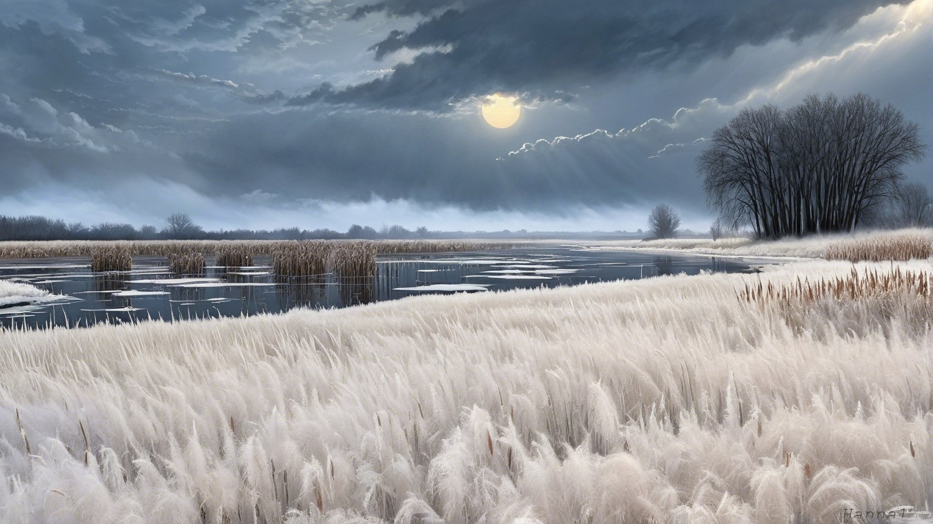 Serene Winter Landscape with Frosted Reeds and River