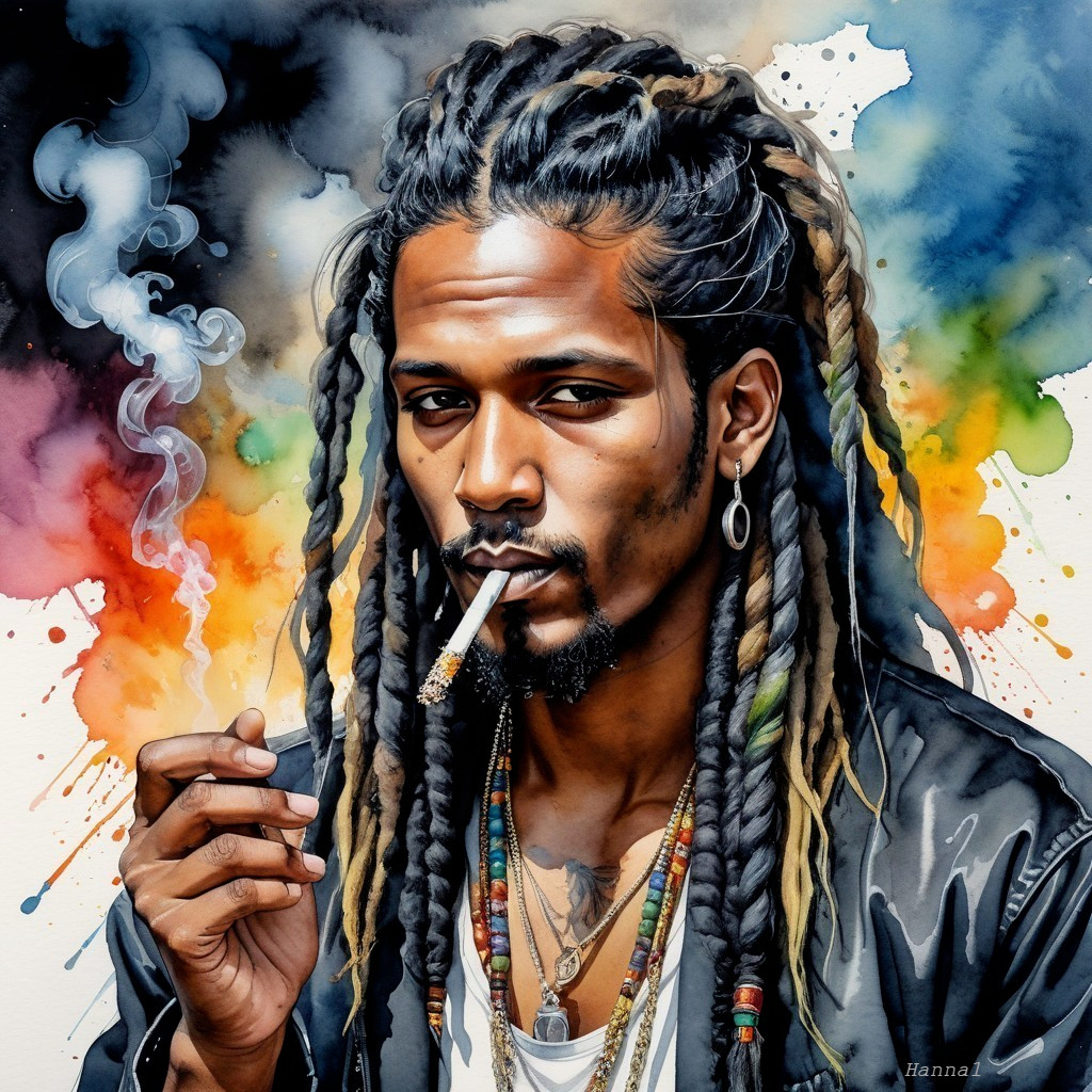 Portrait of a Confident Man with Braided Hair and Cigarette