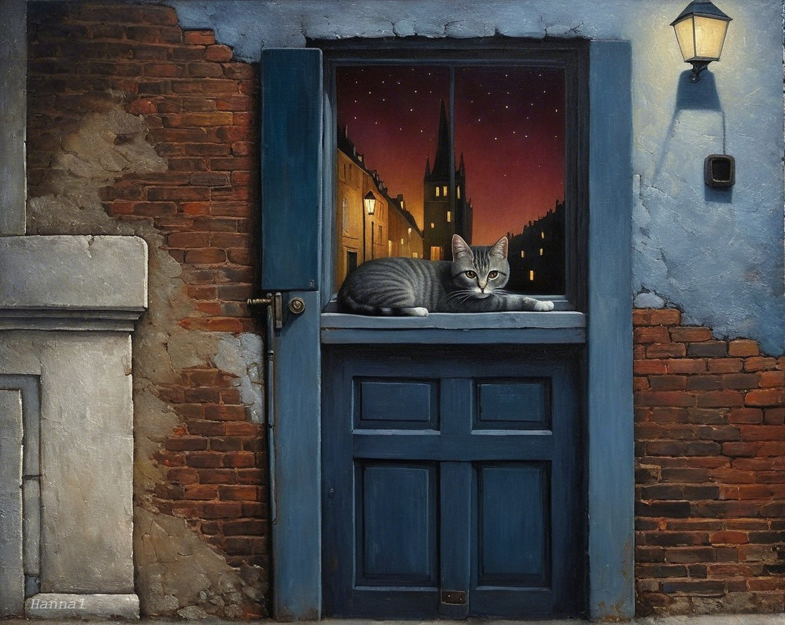 Gray Cat on Windowsill with Twilight City View