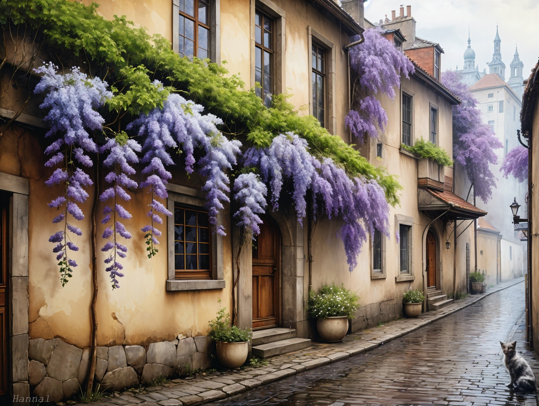 Charming Cobblestone Street with Wisteria Blooms