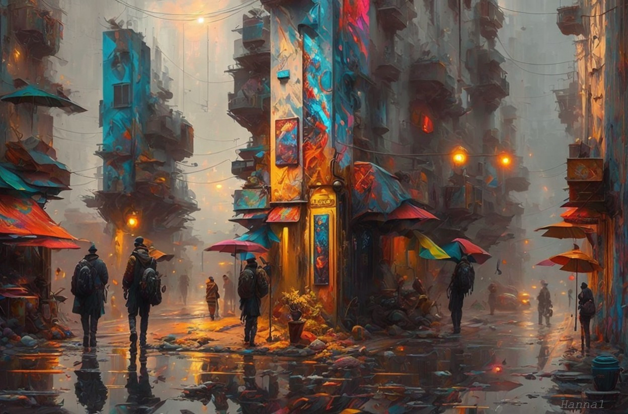 Futuristic cityscape with colorful structures and lights