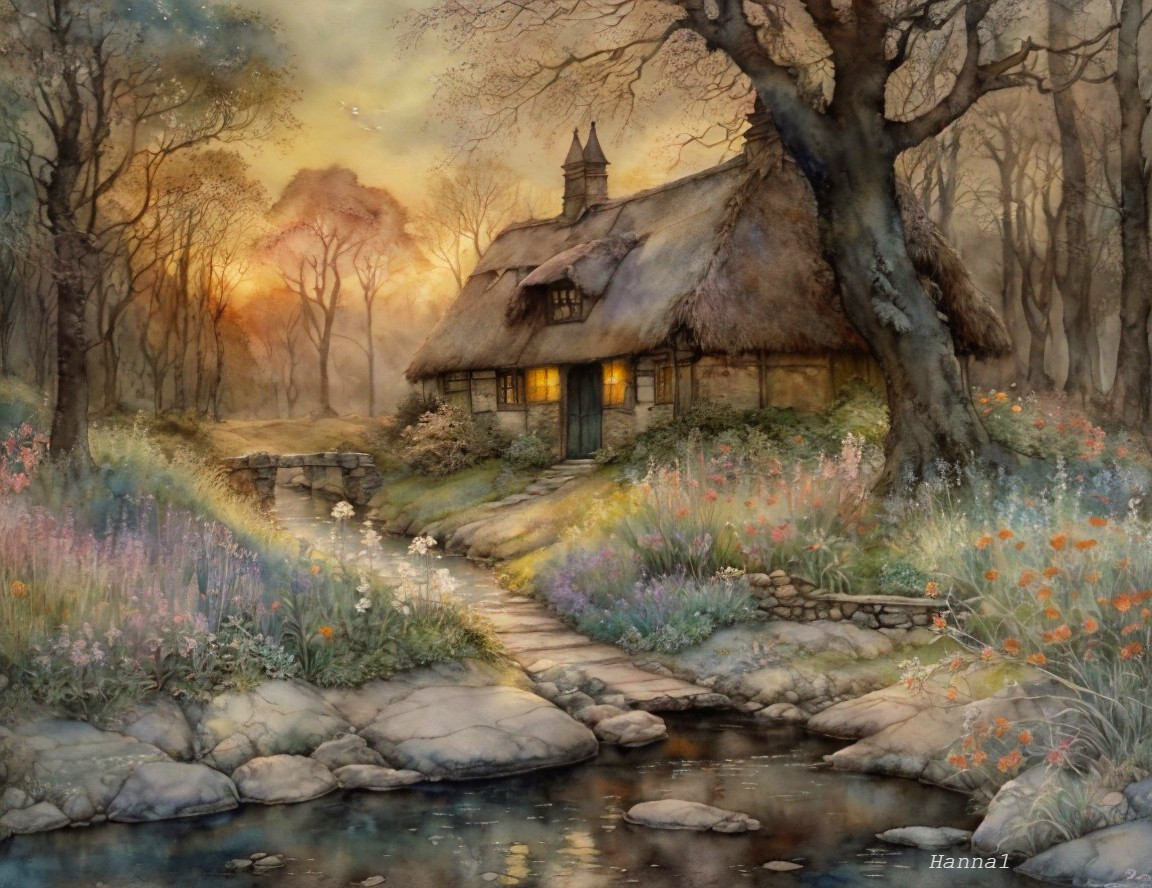 Thatched Cottage Surrounded by Lush Greenery and Flowers