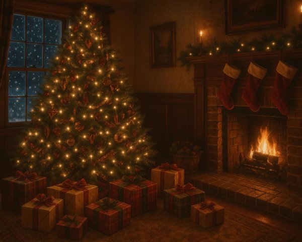 Cozy Christmas Scene with Tree, Fireplace, and Snow