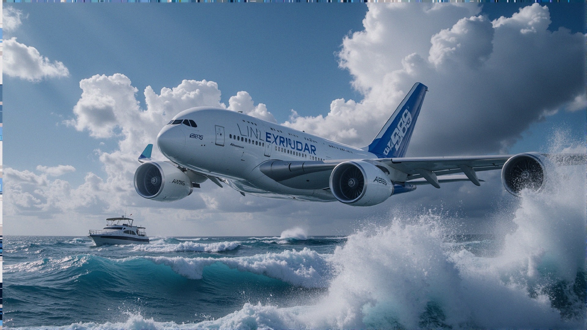 Airplane Over Turbulent Ocean Waves and Dramatic Clouds