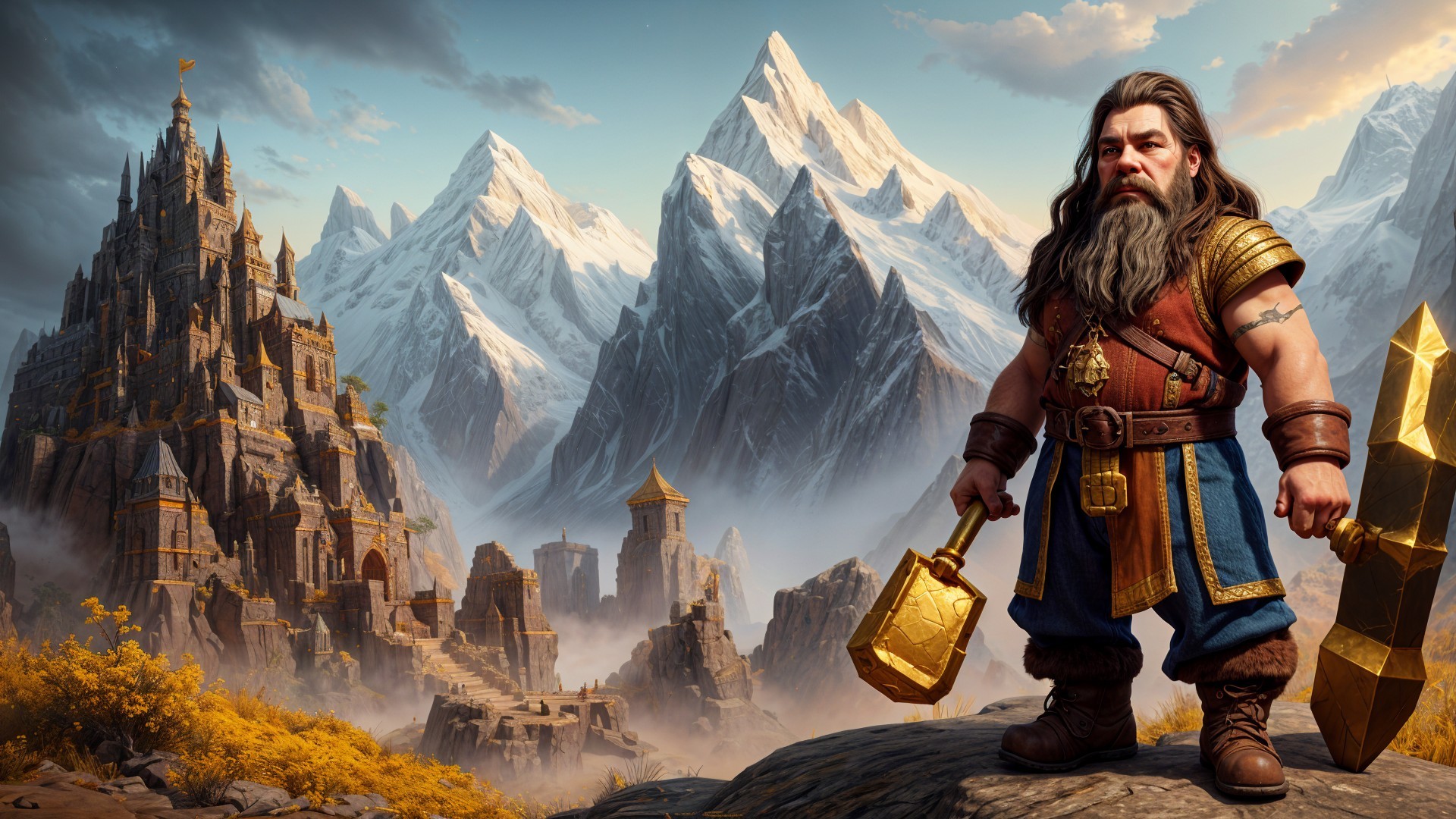 Dwarf Warrior with Hammer and Shield in Mountain Scene