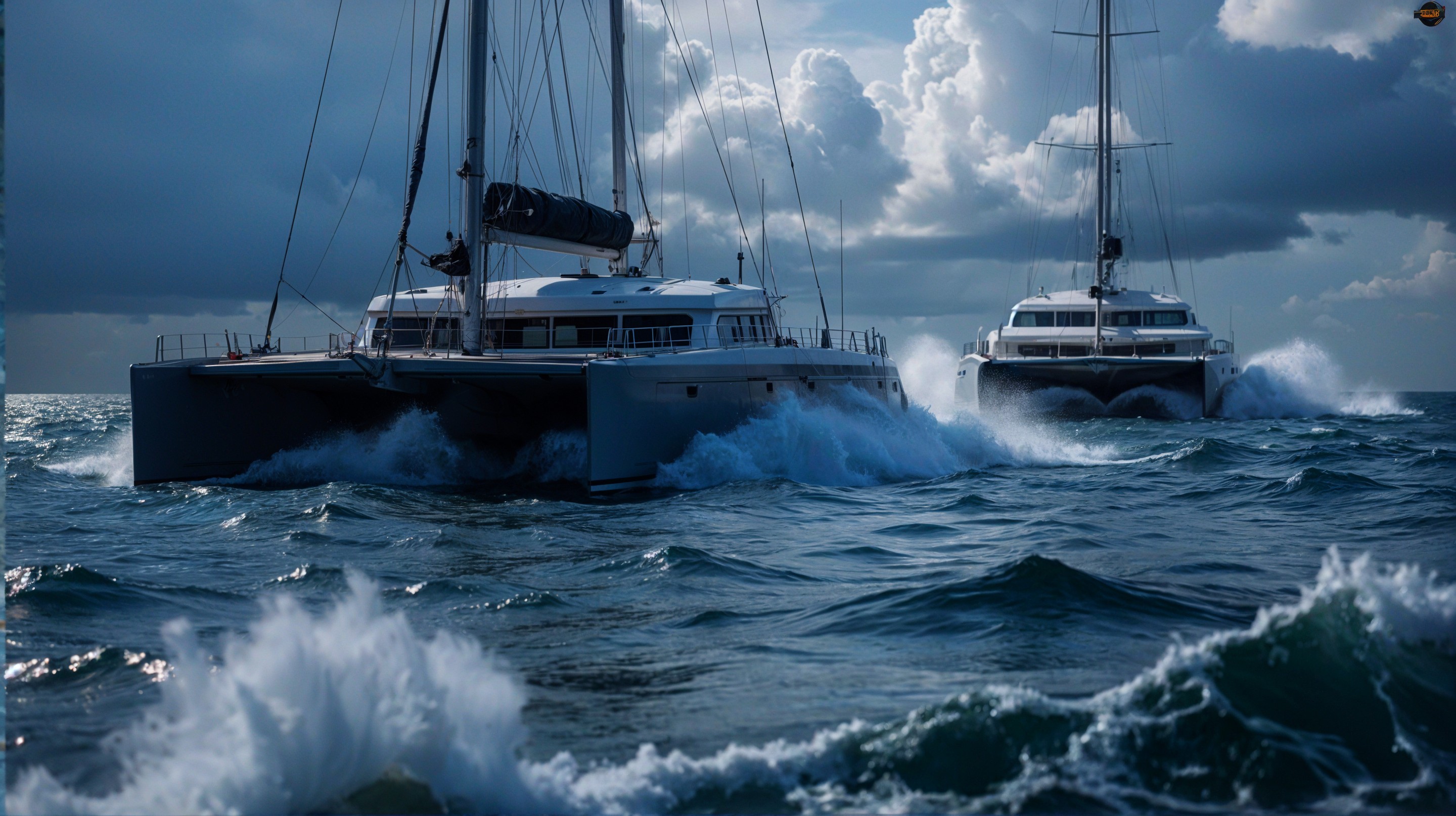 Catamarans Sailing Through Dramatic Blue Waters