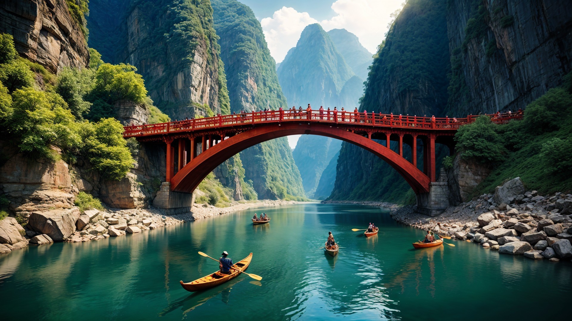Vibrant Red Bridge over Tranquil River Landscape