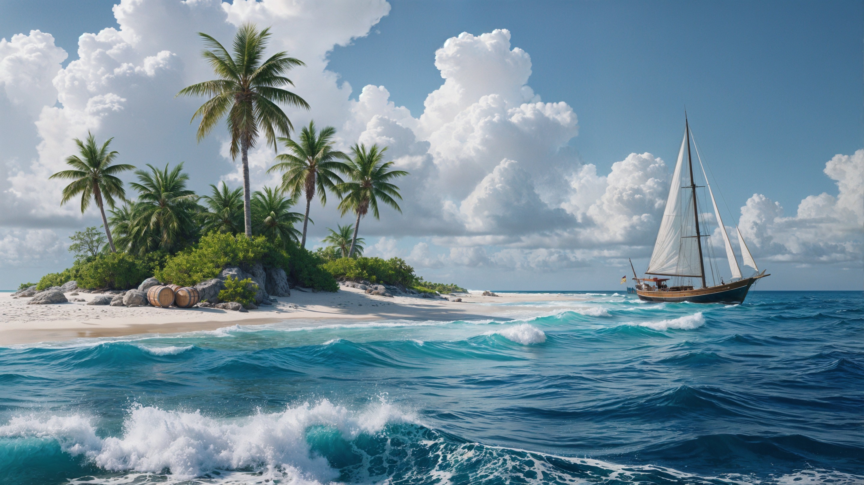 Tropical Island with Palm Trees and Sailing Ship