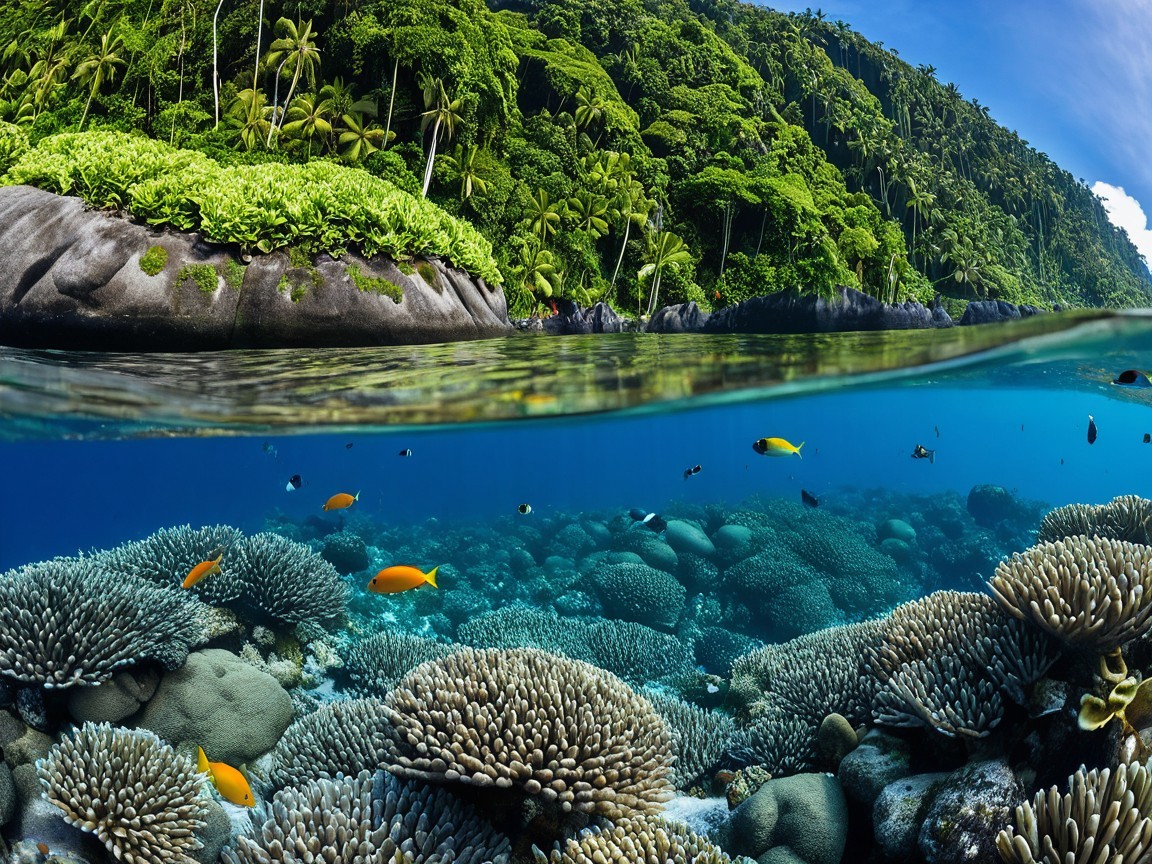 Vibrant Coral Reef with Colorful Fish and Palm Trees