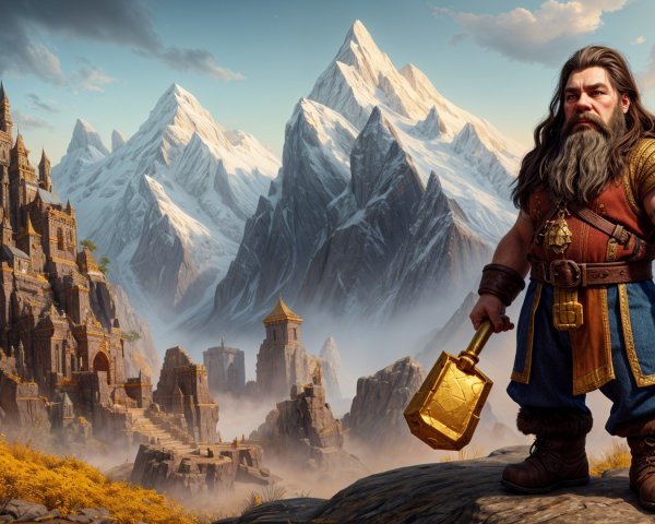 Dwarf Warrior with Hammer and Shield in Mountain Scene