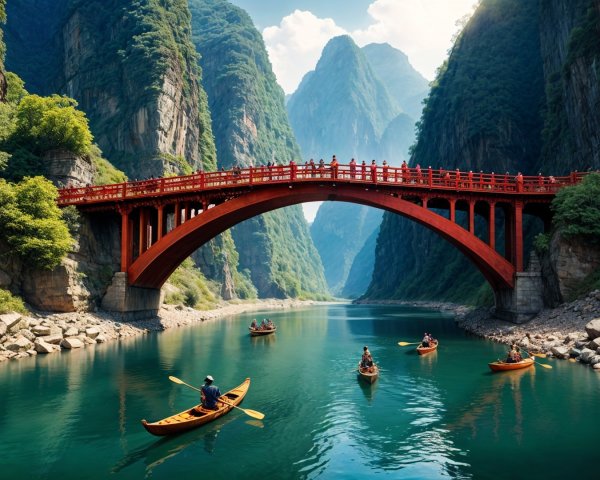 Vibrant Red Bridge over Tranquil River Landscape