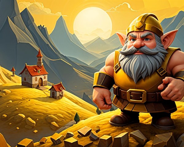 Bearded Dwarf in Golden Armor Overlooking Village and Hills