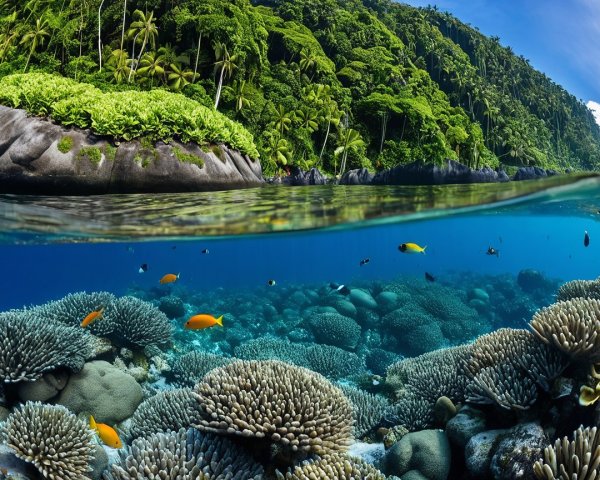 Vibrant Coral Reef with Colorful Fish and Palm Trees