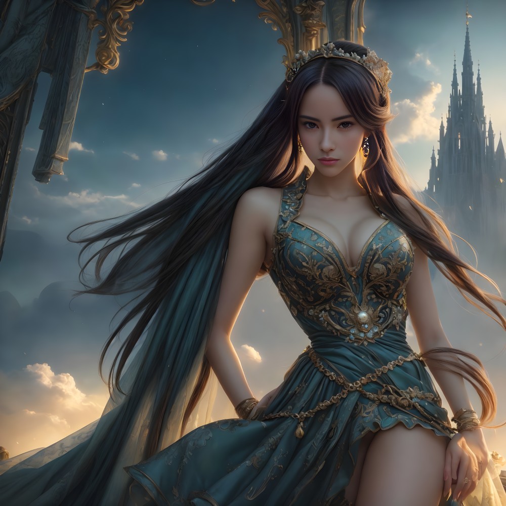 Elegant Woman in Ornate Gown with Castle Background