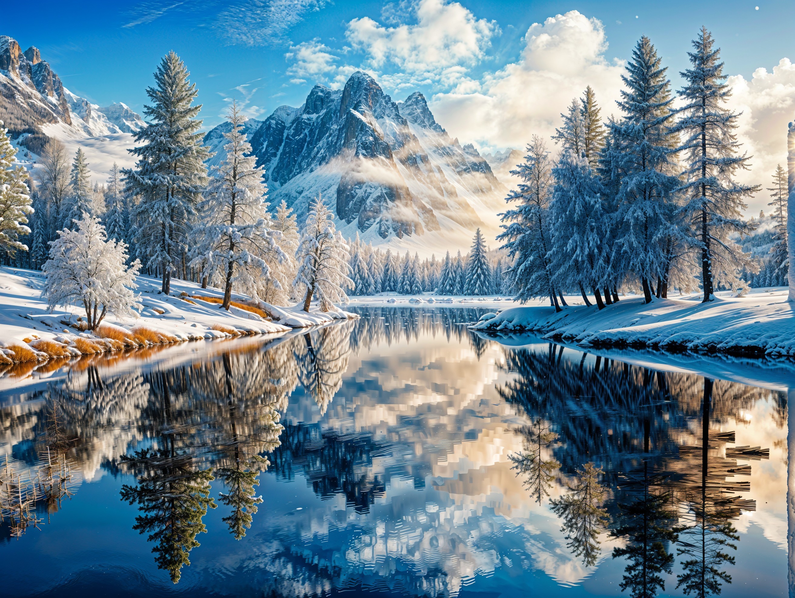 Serene Winter Landscape with Snow-Covered Mountains