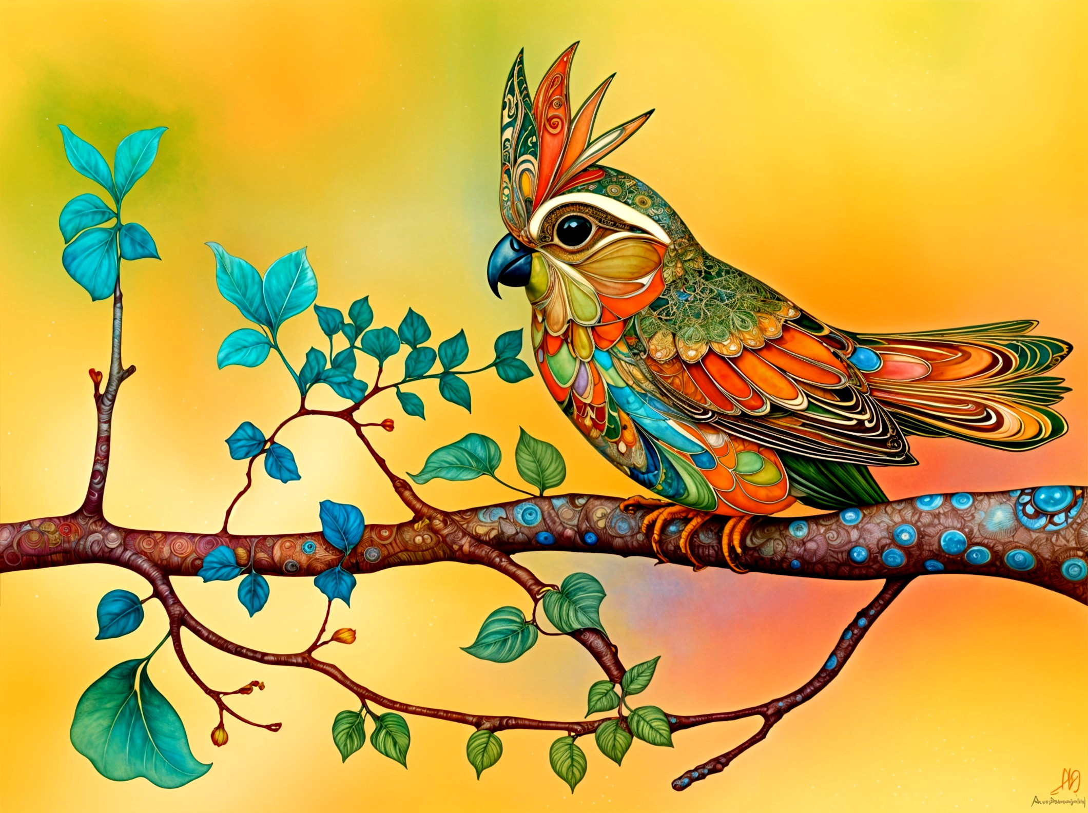 Colorful Bird on Branch with Decorative Feathers