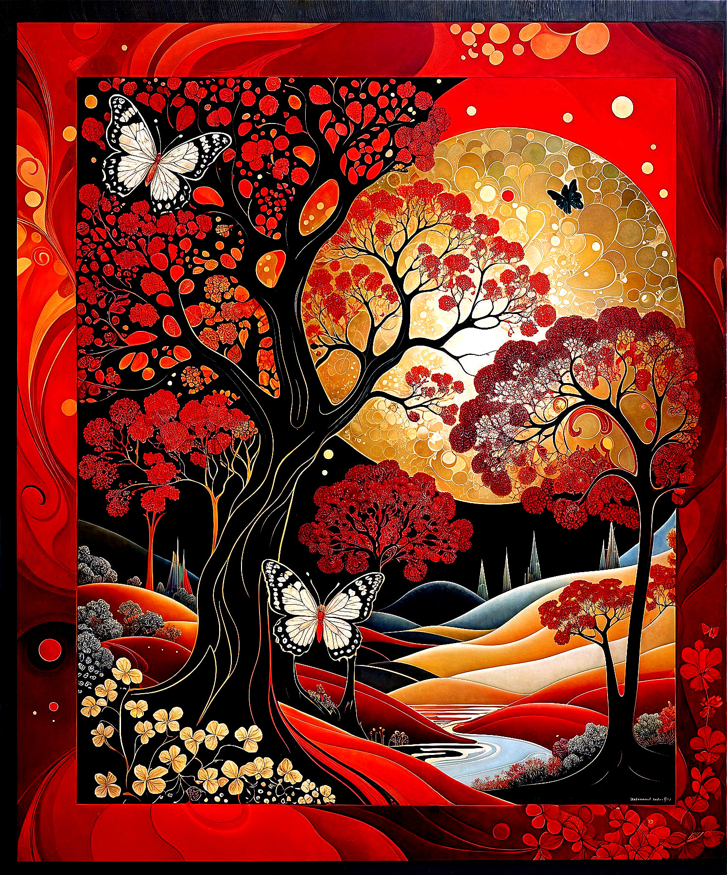 Vibrant Landscape with Red Trees and Golden Moon