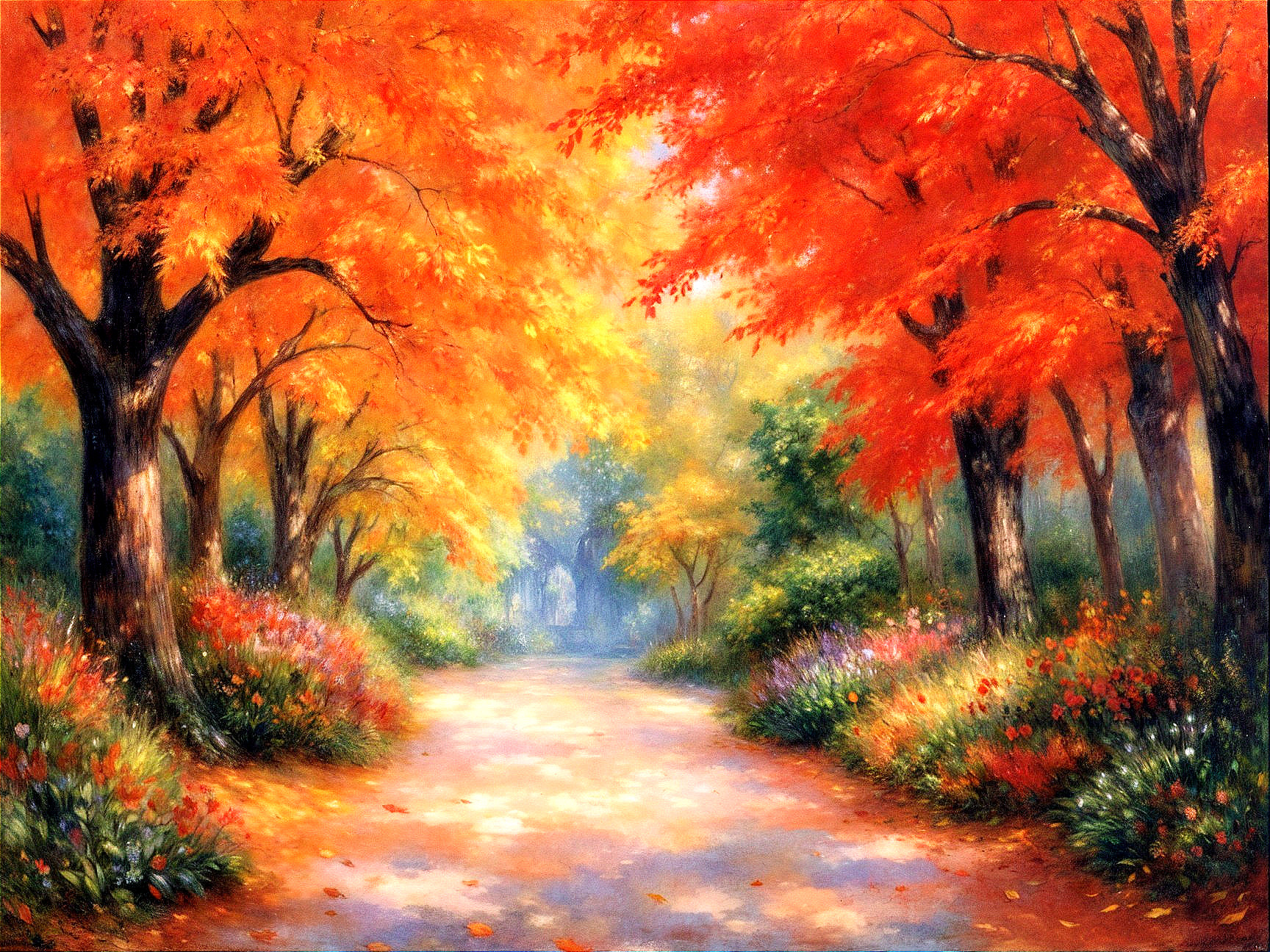 Serene Autumn Landscape with Vibrant Trees and Pathway