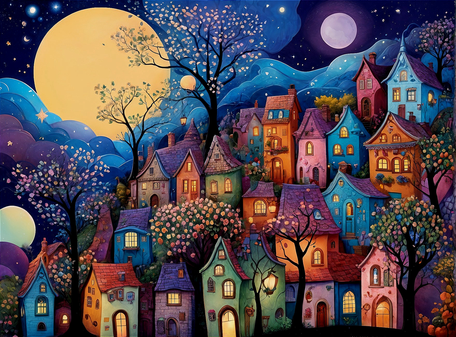 Whimsical Village Under a Glowing Moon at Twilight